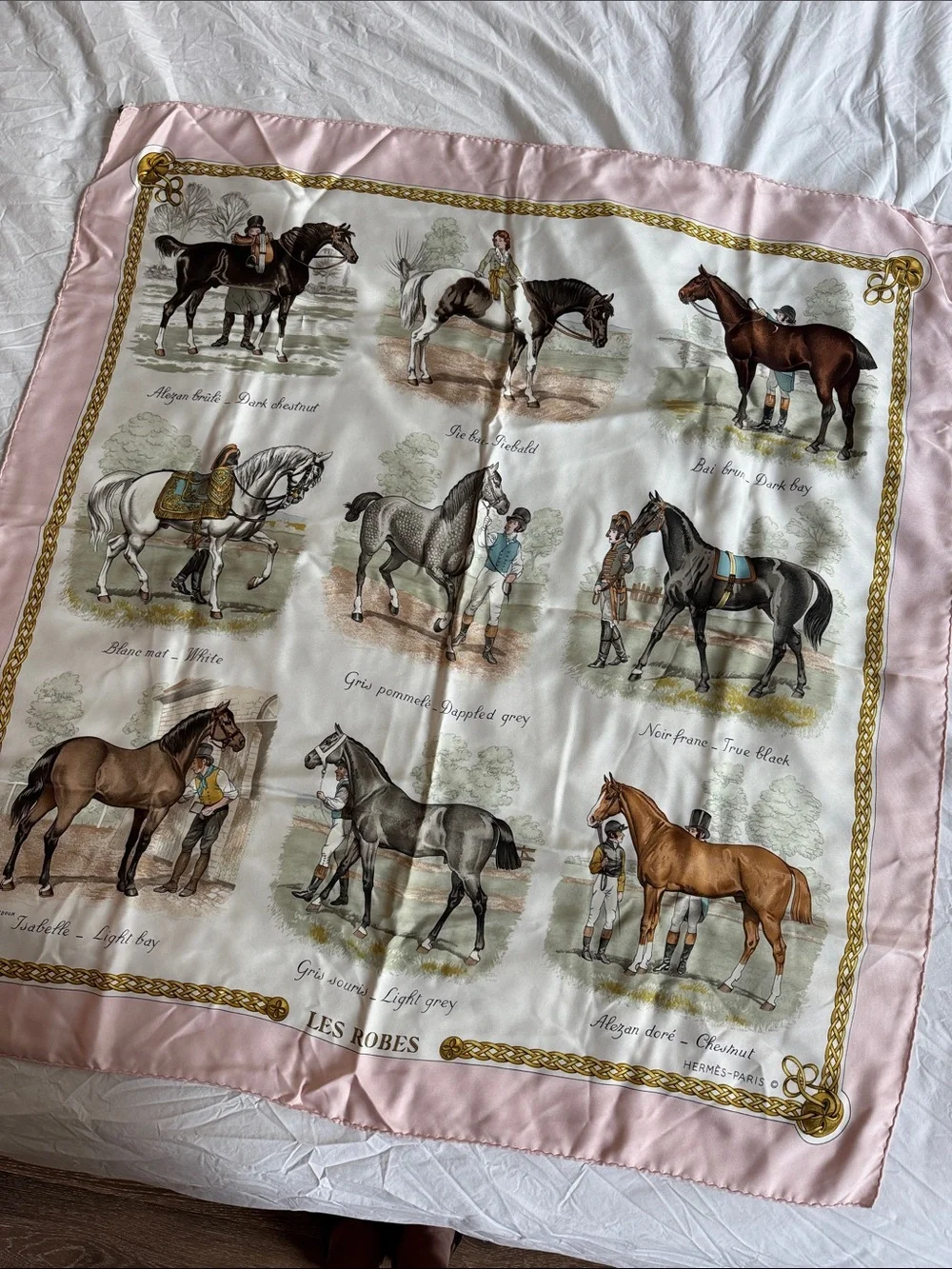 Vintage Hermès Paris 100% Silk Scarf, Les Robes, Equestrian Design in Pink